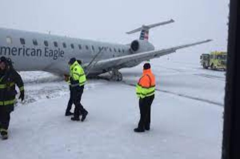 At Rochester Airport, an American Airlines aircraft skids off the runway