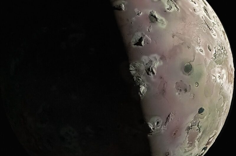 Io’s surface is captured by NASA’s Juno spacecraft during a close flyby of Jupiter’s moon
